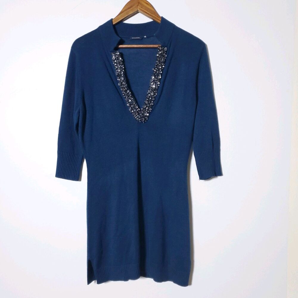 Magaschoni Women M Teal Blue Silk Cashmere Blend Embellished Tunic Sweater Dress